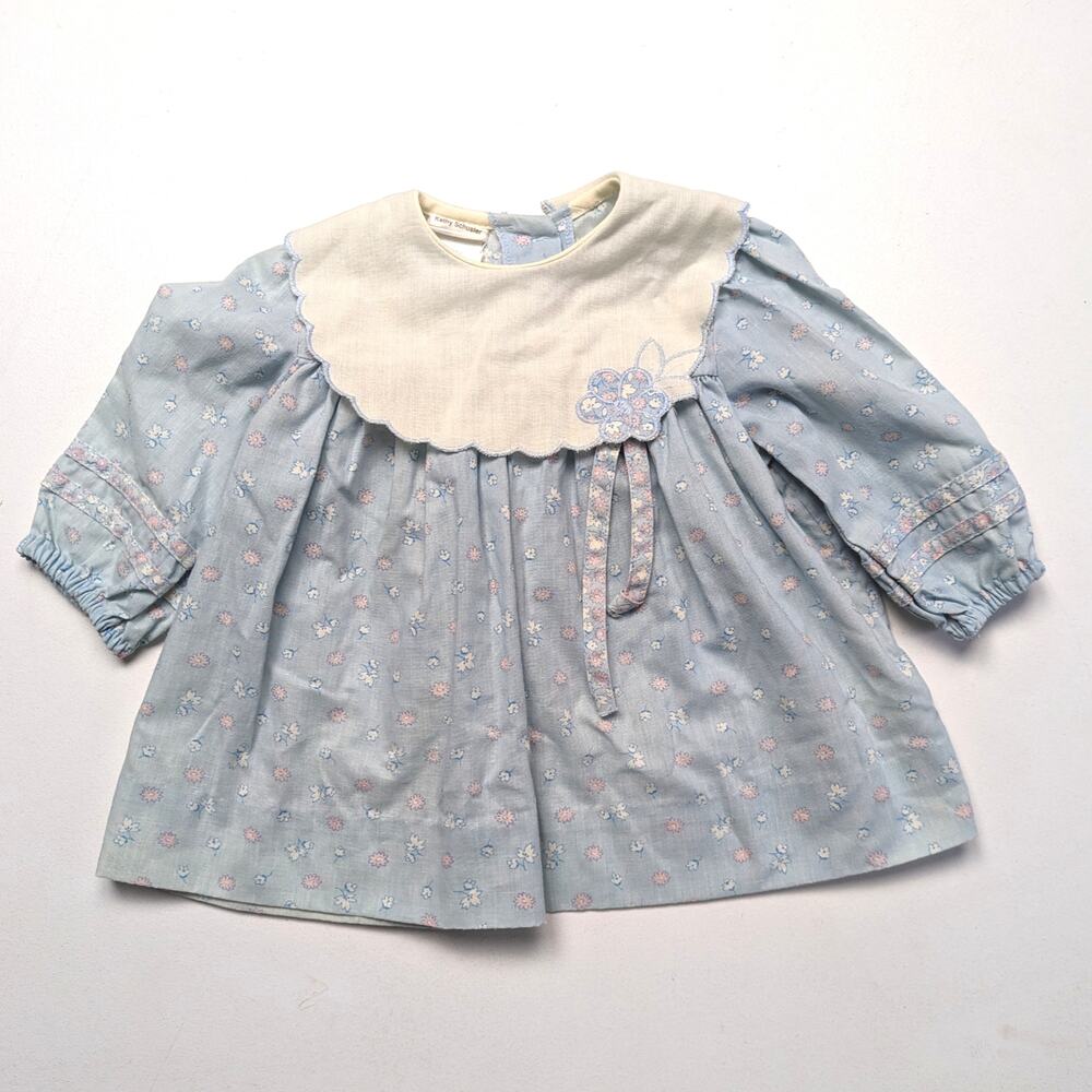 Vintage Harold Square Dress Baby Girls Size 3-6m Blue Floral Long Sleeve